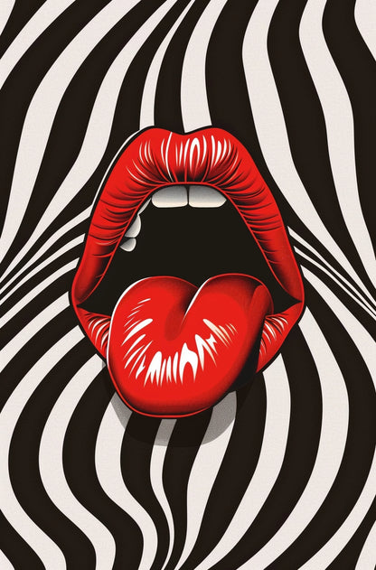 Red Lips on the Background of Gathered Stripes - Street Art in Pop Style