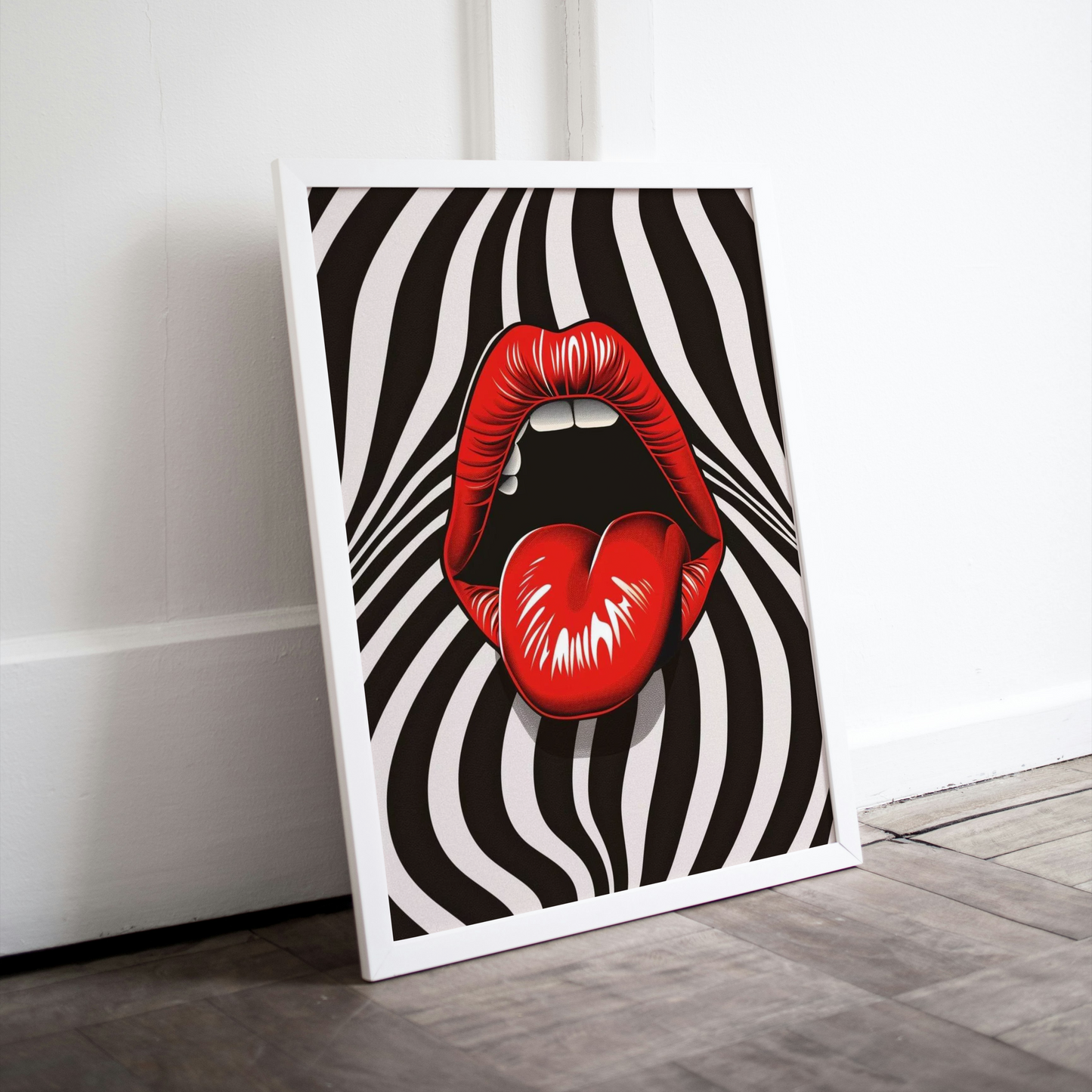 Red Lips on the Background of Gathered Stripes - Street Art in Pop Style